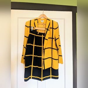 Vintage Mijoli Two Piece Silk Suit Set Black Yellow Windowpane Grid Checkerboard
